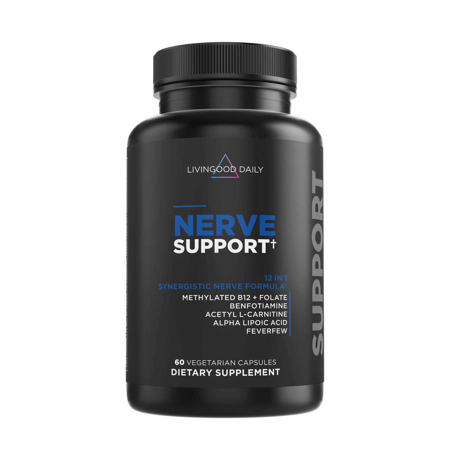 Livingood Daily Nerve Support dietary supplement bottle with ingredients