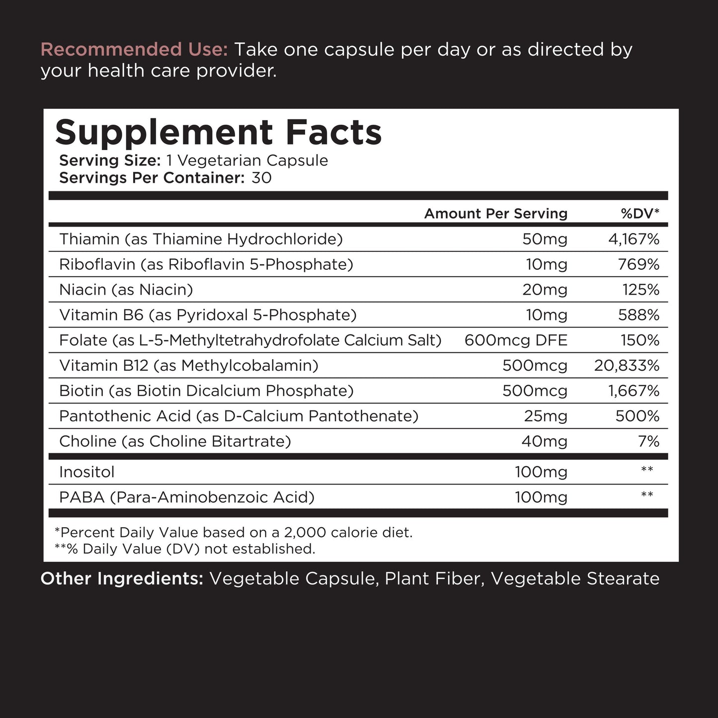 nutritional supplement facts label vegetarian capsule ingredients daily values