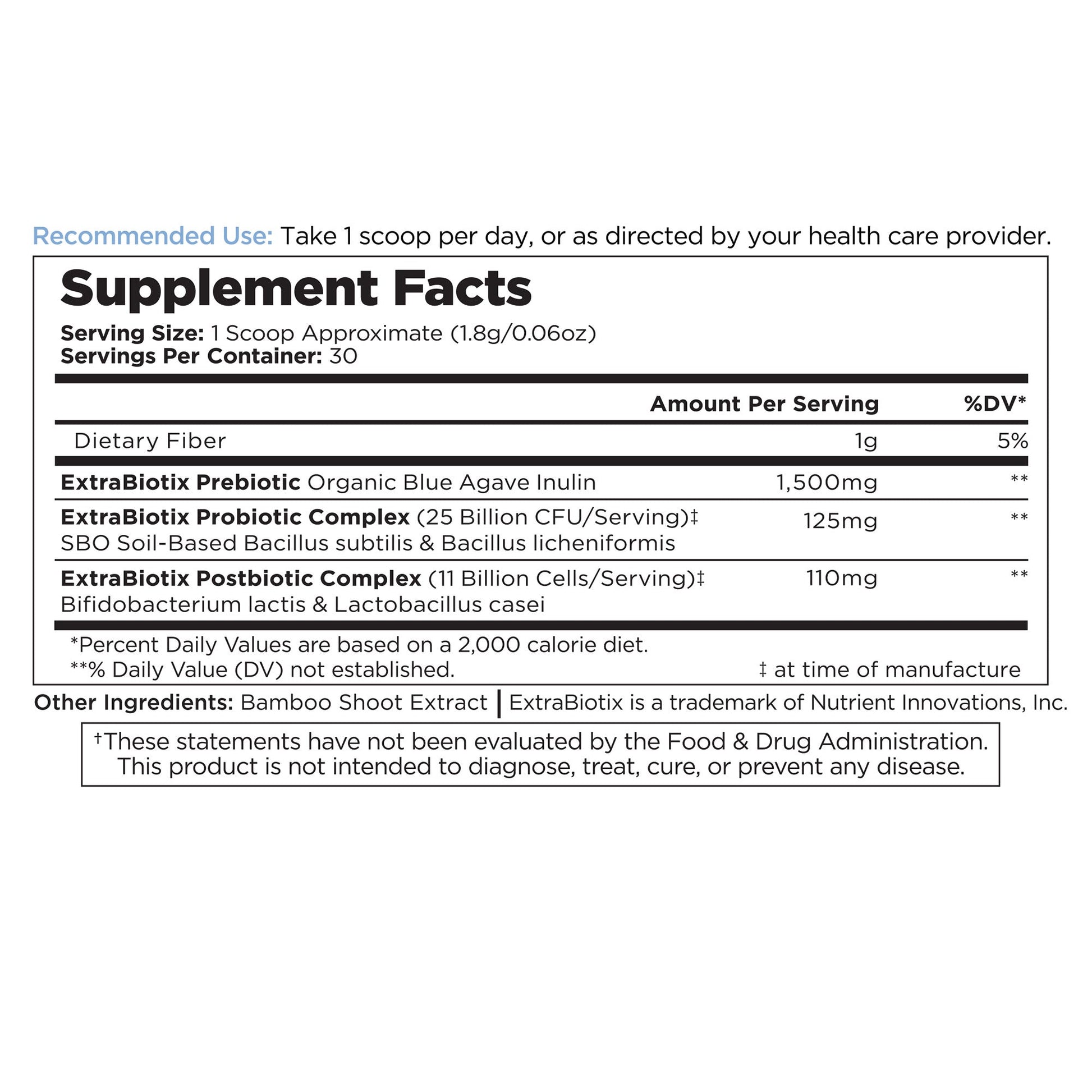 Supplement Facts label showing prebiotic and probiotic complex serving information.