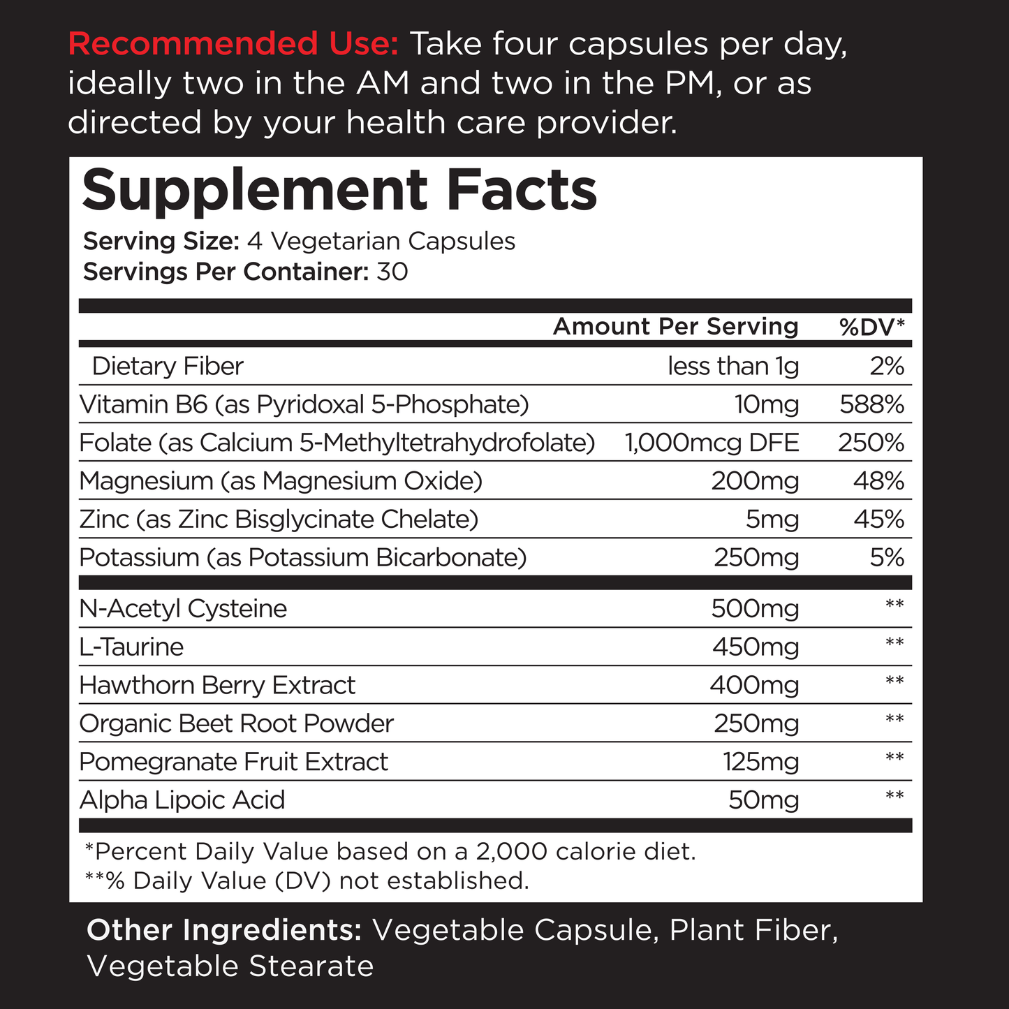 Supplement facts label showing recommended use and nutritional information for vegetarian capsules.