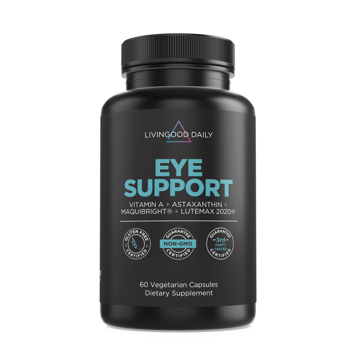 Living Good Daily Eye Support supplement bottle with Vitamin A, Astaxanthin, MaquiBright, Lutemax, gluten-free, non-GMO, 60 vegetarian capsules