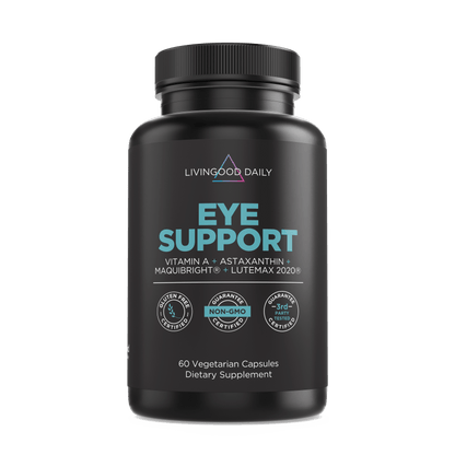 Living Good Daily Eye Support supplement bottle with Vitamin A, Astaxanthin, MaquiBright, Lutemax, gluten-free, non-GMO, 60 vegetarian capsules