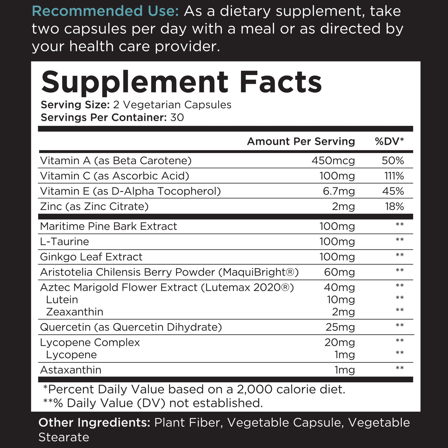 Supplement facts label showing recommended use, serving size, servings per container, nutritional ingredients, daily values, and other product ingredients.