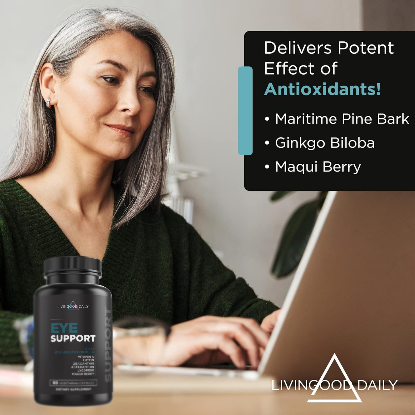 Mature woman using laptop near antioxidant supplement Livingood Daily Eye Support product with ingredients list