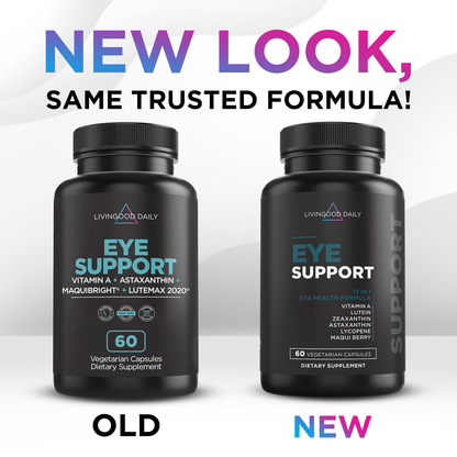 New versus old packaging of Livingood Daily Eye Support dietary supplement bottles
