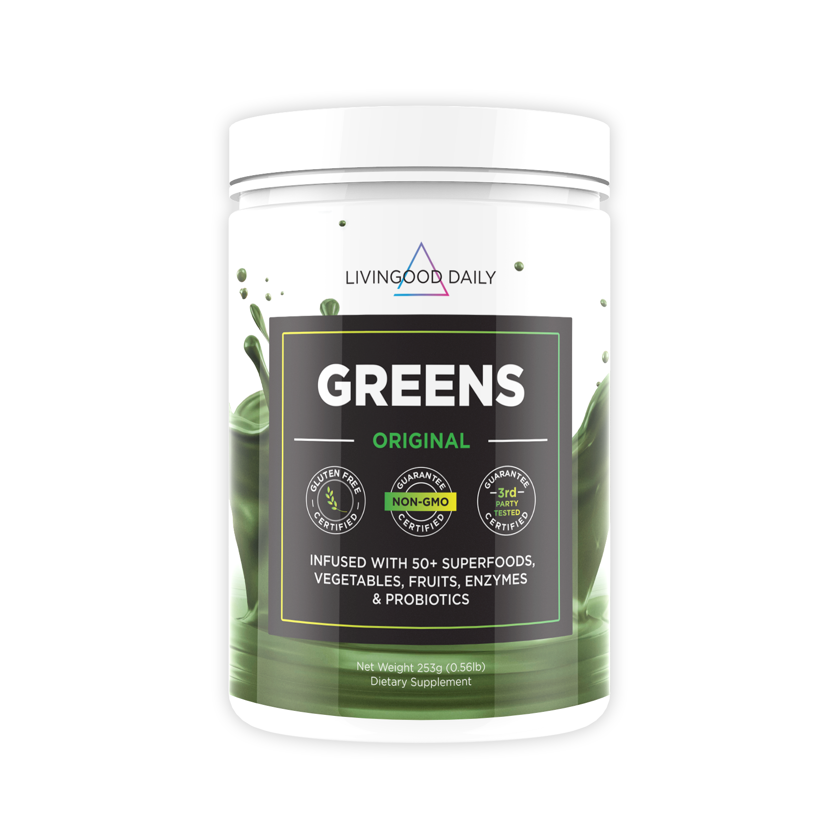 Livingood Daily Greens dietary supplement container with superfoods vegetables fruits enzymes probiotics