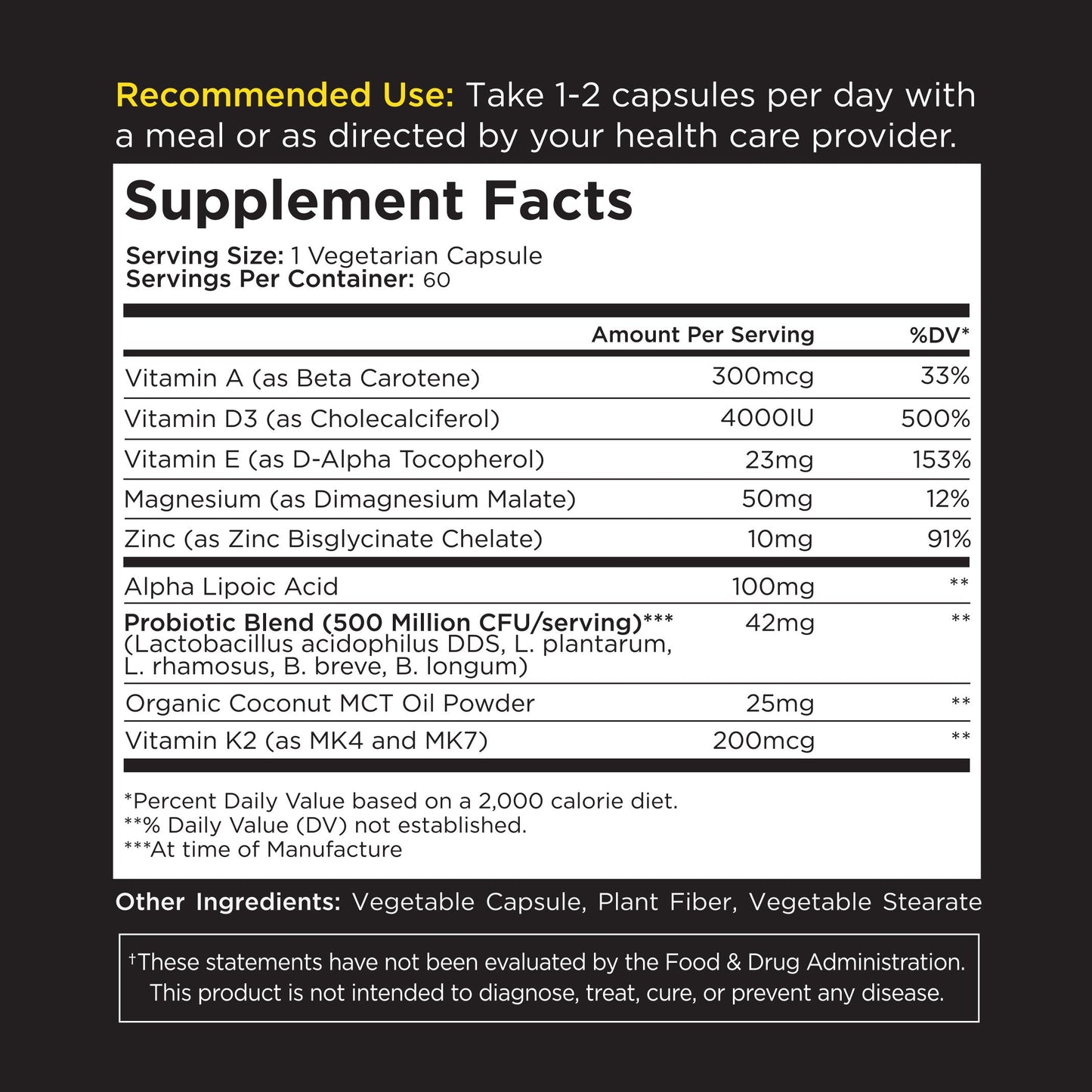 Supplement facts label, recommended use instructions, vitamin percentages, dietary supplement nutrition information.