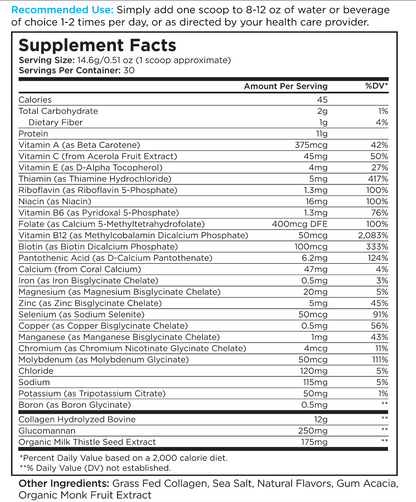 Nutritional supplement facts label with vitamins and minerals amounts and daily values