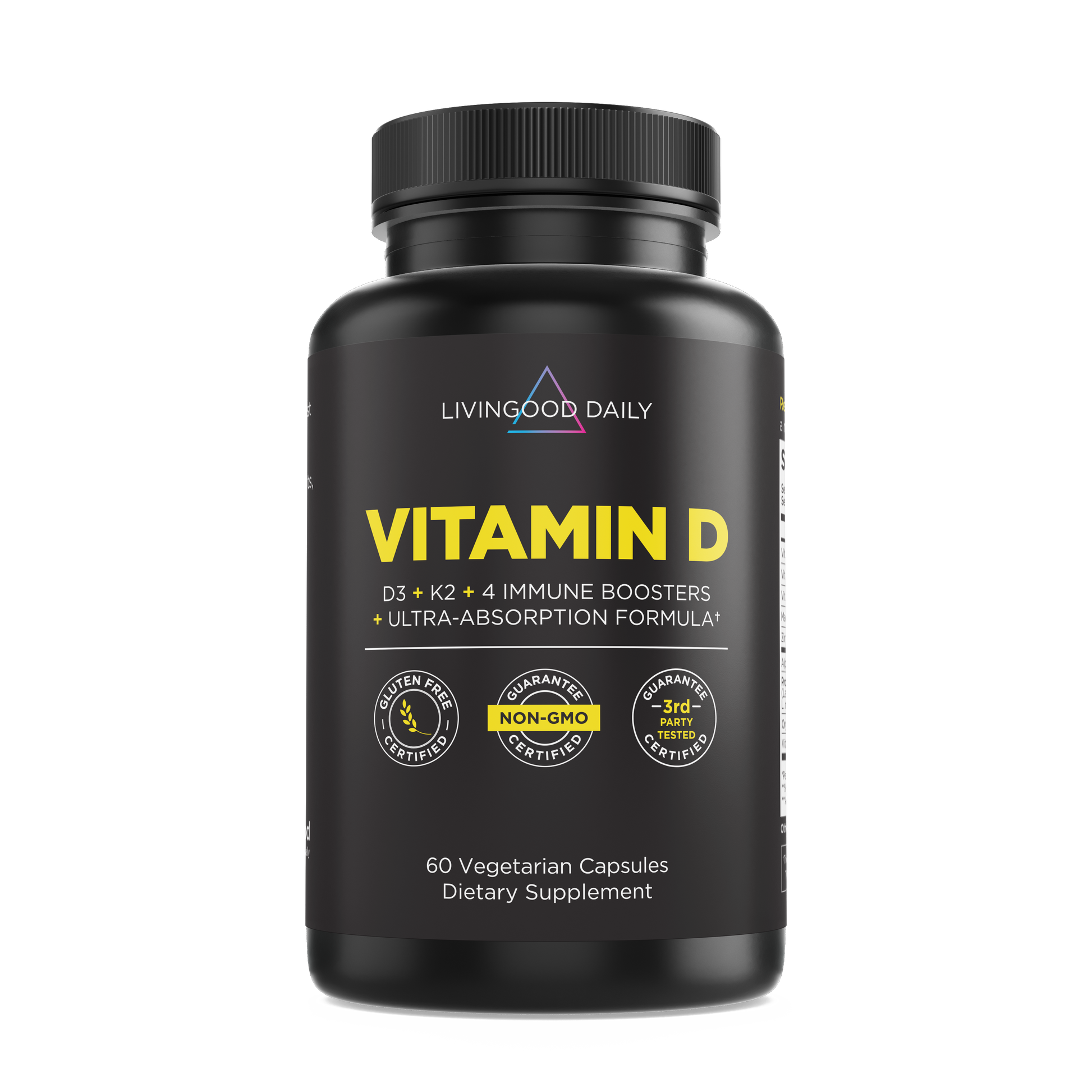 LivingGood Daily Vitamin D supplement bottle with D3, K2, immune boosters, non-GMO, gluten-free certification, 60 vegetarian capsules