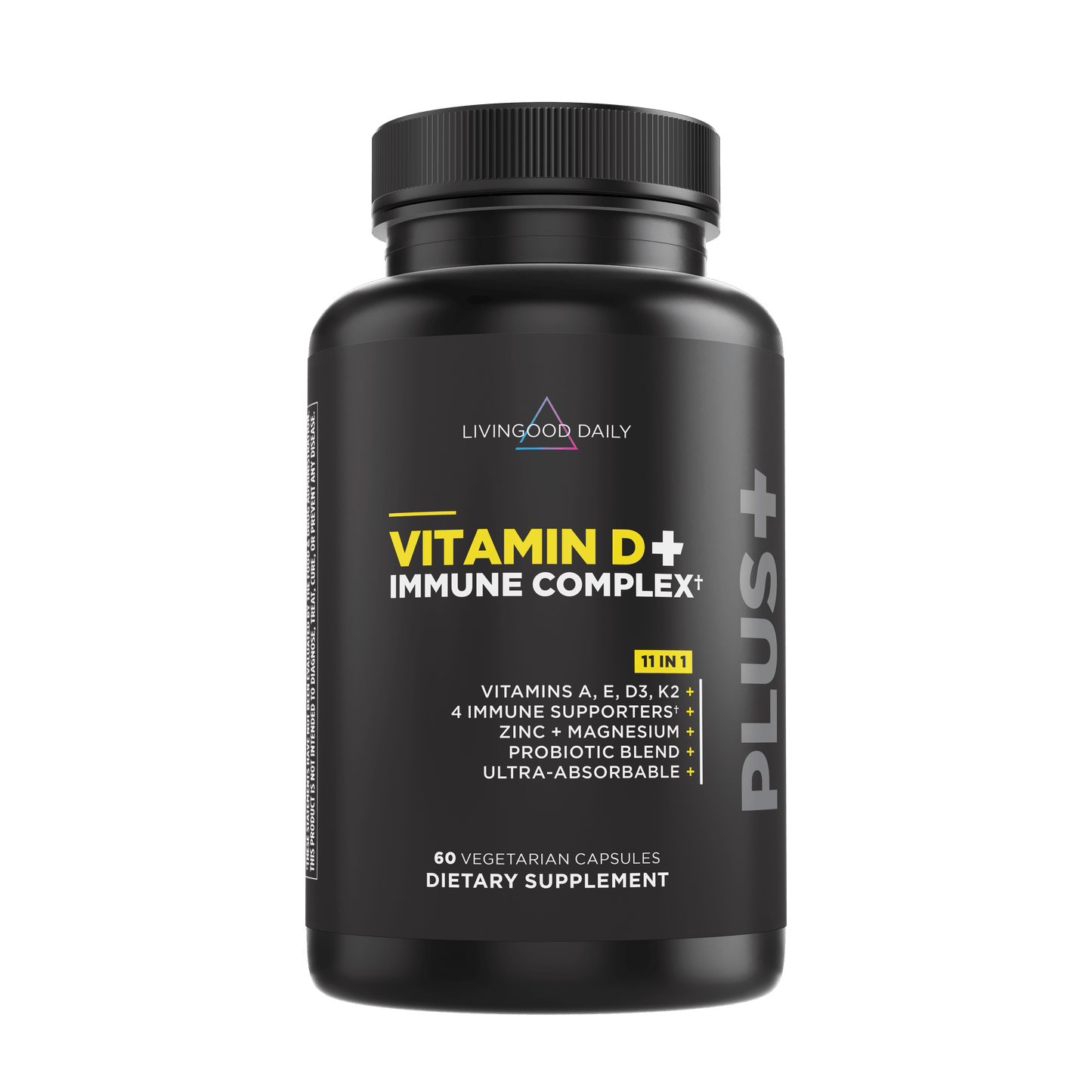 LivingGood Daily Vitamin D+ Immune Complex dietary supplement bottle with vegetarian capsules