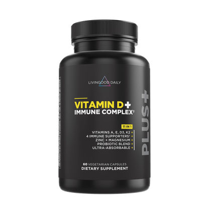 LivingGood Daily Vitamin D+ Immune Complex dietary supplement bottle with vegetarian capsules